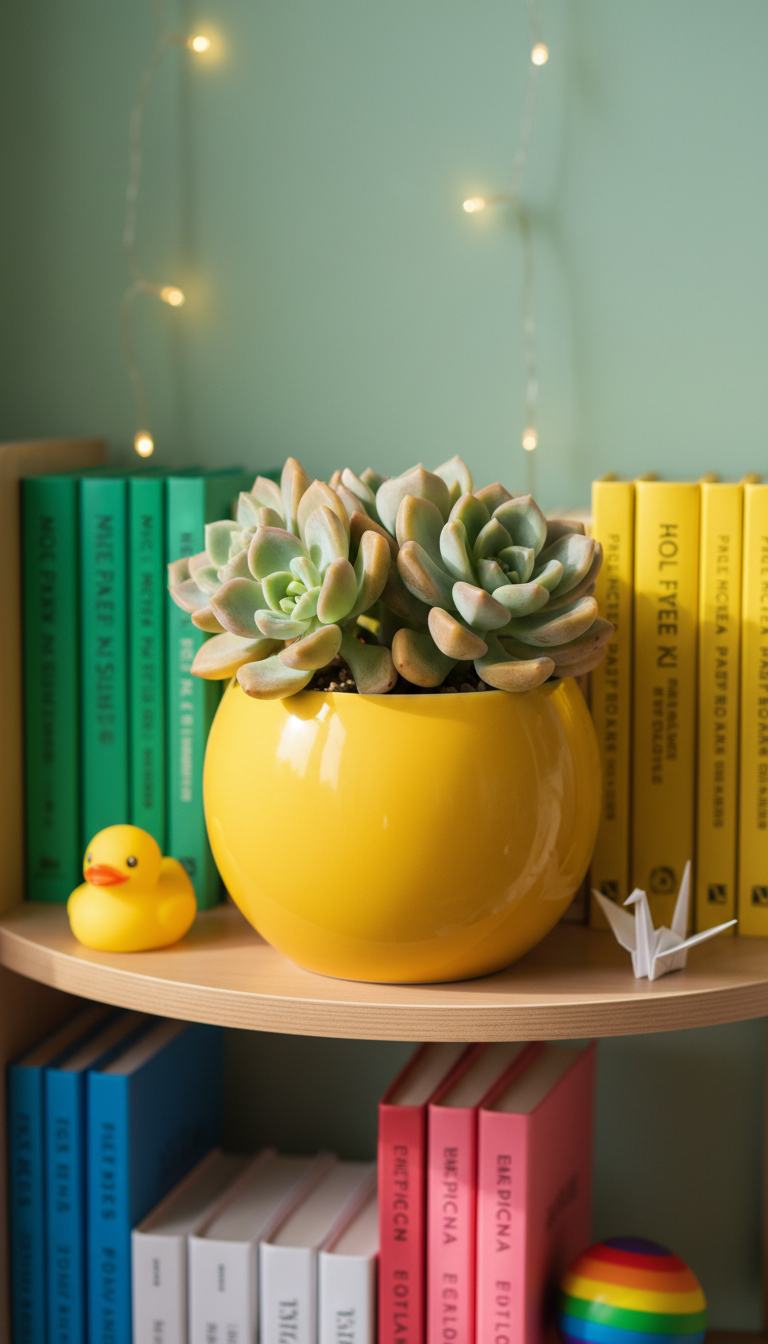 A plump, whimsical succulent plant in a bright yellow, round ceramic pot, set atop a curved wooden bookshelf filled with artfully arranged, color-coordinated books and playful trinkets—a rubber duck, a tiny origami crane, and a rainbow stress ball. The background features softly blurred fairy lights draped across powdery mint green walls. Soft natural afternoon light illuminates the plant and shelf, creating delicate highlights on the pot’s glossy curve while casting gentle, rounded shadows below. Captured from a slightly elevated angle with vibrant, saturated colors and a shallow depth of field, the mood is uplifting and lighthearted, embracing growth and resilience in a playful, photographic style.